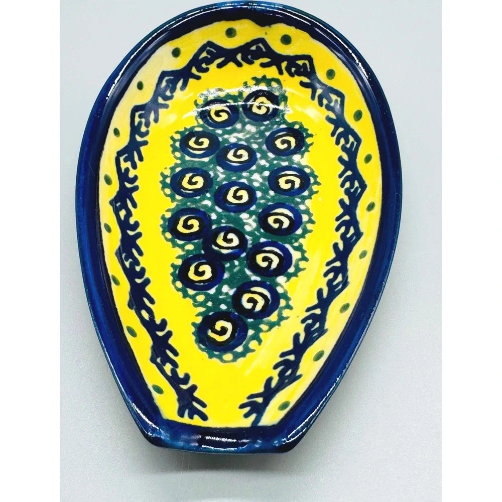Boleslawiec Spoon Rest Yellow Blue Peacock Eye Pattern Ceramic Polish Pottery